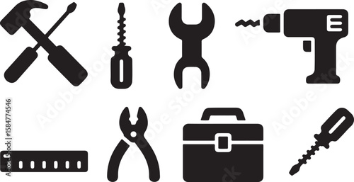 Set of Black and White Construction Tools Icons