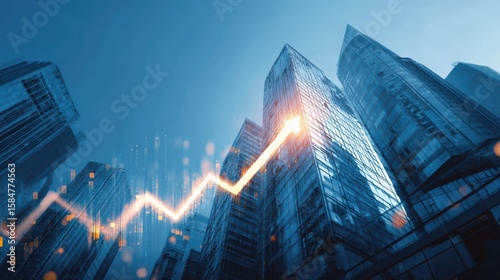 A modern urban skyline with skyscrapers and a digital growth graph symbolizing economic progress and innovation.