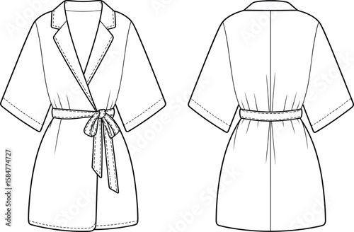 Modern women’s belted trench coat fashion sketch, technical flat drawing, front and back views, elegant outerwear design for apparel production