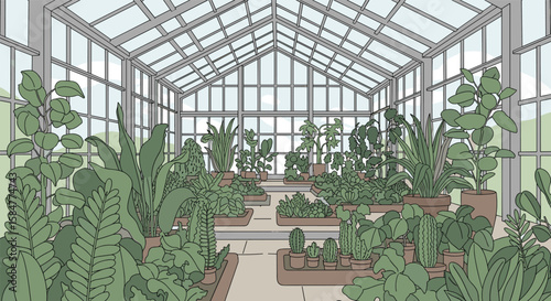 Captivating Greenhouse Oasis Filled with Lush Greenery and Abundant Plant Life Under a Glass Roof