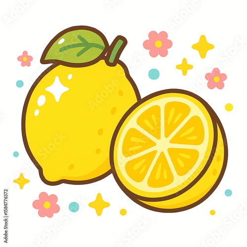 ポップでかわいいレモンのイラストー明るい黄色のレモンと輪切りを太めの線とフラットカラーで描いた、使いやすい素材。夏やフードの広告・パッケージ・SNSの爽やかな表現に最適。