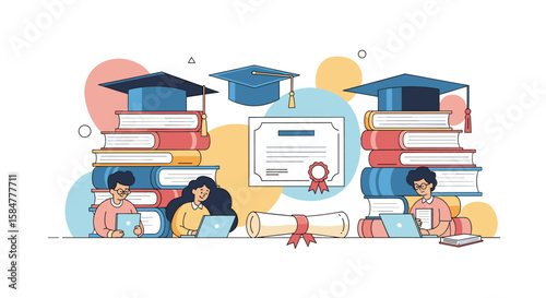 Learning and Education Concepts Represented by Students Books Graduation Caps and Diplomas for Online Courses and Knowledge Acquisition