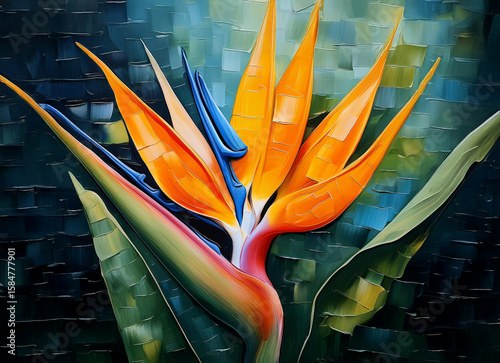 Vibrant bird of paradise flower in a textured, dark teal background.  The painting showcases rich colors and impasto technique.