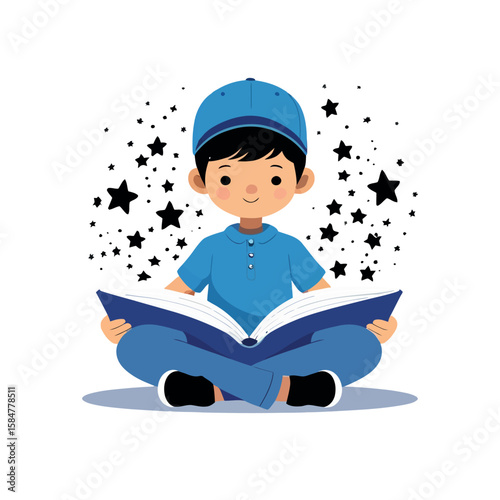 Cartoon illustration of a little boy reading a book, a student happily learning