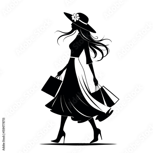 A silhouette of a woman carrying shopping bags