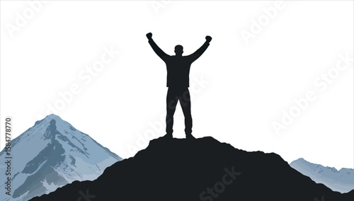 Silhouette of a person on a mountain peak at sunset, symbolizing success, freedom, and the joy of achievement