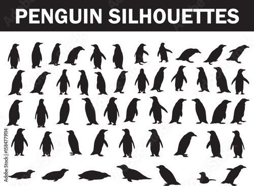Numerous diverse penguin silhouettes in various natural poses, perfect for wildlife-themed graphic design projects and educational materials, showcasing arctic animals
