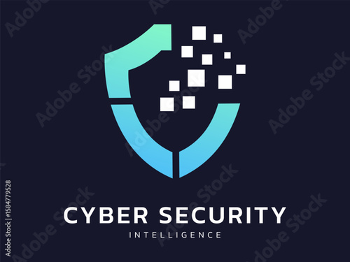 Cyber security intelligence data protection shield with network movement technology analysis vector logo design concept. Artificial intelligence shield logotype symbol for new technology, identity, ui