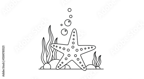 A simple line drawing of a starfish surrounded by seaweed and bubbles underwater in the ocean