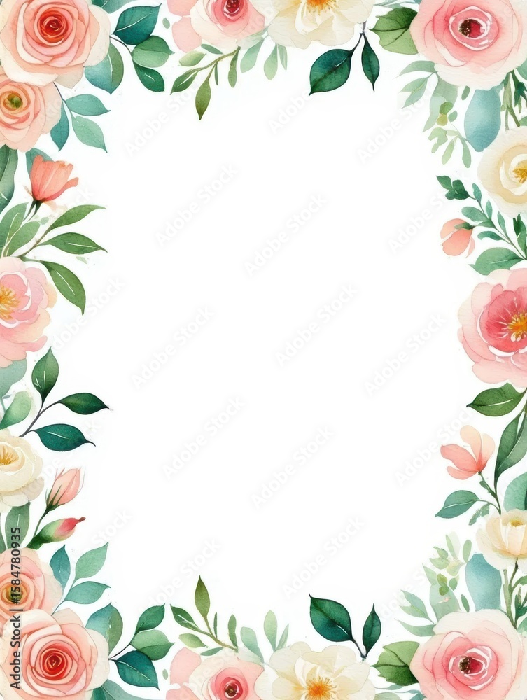 Fototapeta premium Elegant watercolor floral border with soft pink and cream roses and green leaves