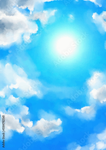 白い雲と右上に眩しい太陽がある青い空のイラスト素材　ベクター