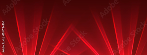 Red lasers background., glowing rays or neon beams, bright futuristic backdrop. Concert or nightclub spotlights. Vector illustration.