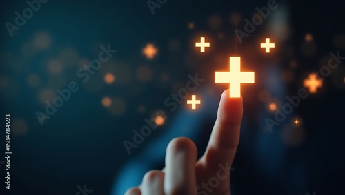 a glowing orange plus sign being touched by a finger, surrounded by other subtle glowing plus signs. This symbolizes adding value, growth, a positive impact, or a new beginning.