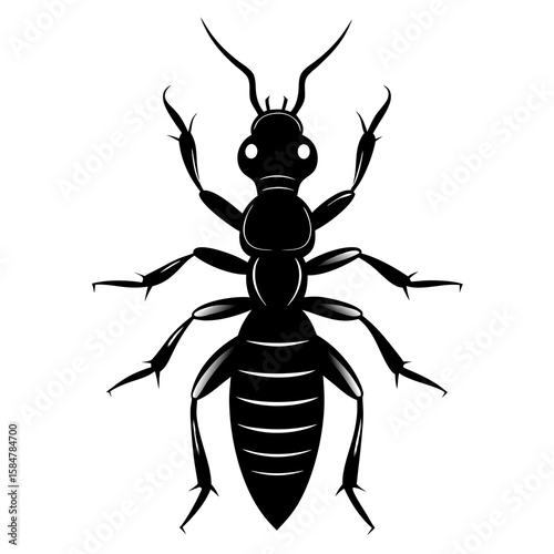 A detailed black vector illustration presents a stylized termite, ideal for entomology studies or graphic design projects featuring wildlife and insect themes, silhouette