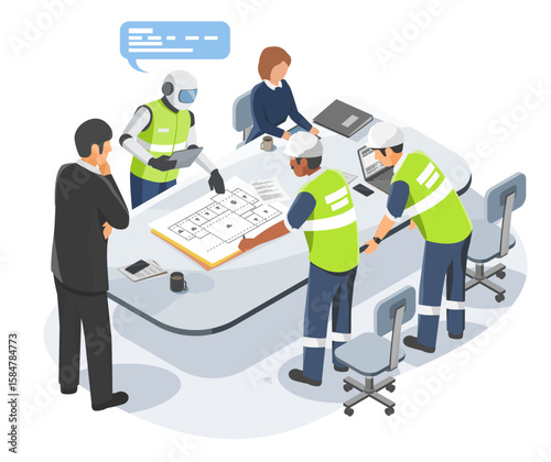Engineers and AI robot work together around a planning table to review factory layout and improve smart industrial workflow