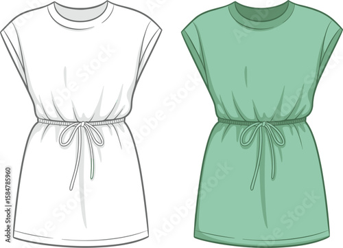 Women's drawstring tunic flat sketch, fashion CAD template, casual dress illustration, vector garment design, sleeveless outfit mockup, technical drawing
