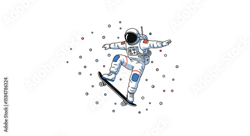 Astronaut performing a skateboard trick in space surrounded by cosmic dust and stars