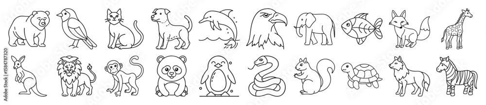 Obraz premium Cute Wild Animals and Wildlife Outline Vector Icon Set