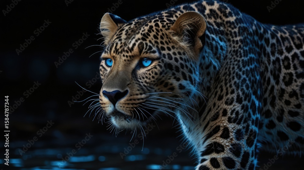 Obraz premium Close-up of a leopard with striking blue eyes, against a dark background.