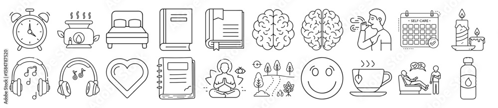 Comprehensive Mental Health and Wellness Outline Vector Icon Set for Self-Care and Mindfulness Comprehensive Mental Health and Wellness Outline Vector Icon Set for Self-Care and Mindfulness