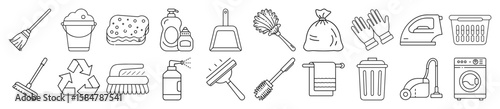 Household Cleaning and Laundry Outline Vector Icon Set