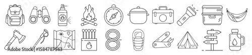Comprehensive Outdoor Camping and Hiking Gear Outline Vector Icon Set