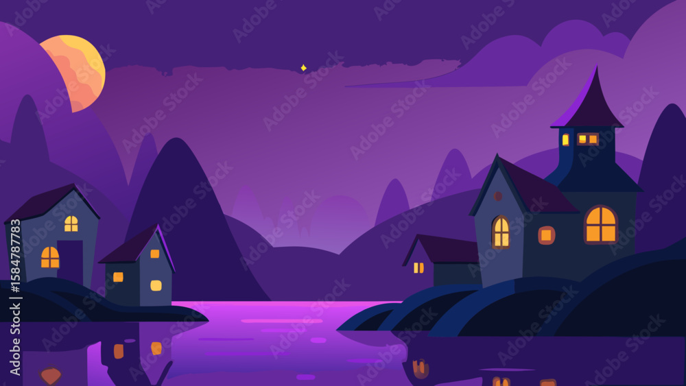 Fototapeta premium evening village glowing window cartoon suburb vibe