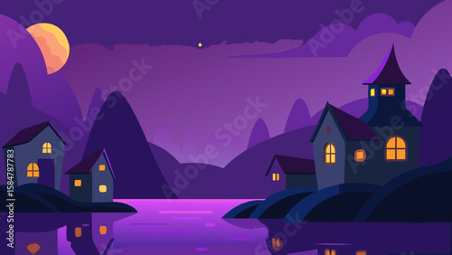 evening village glowing window cartoon suburb vibe