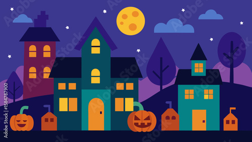 halloween suburb cartoon home spooky decorated art