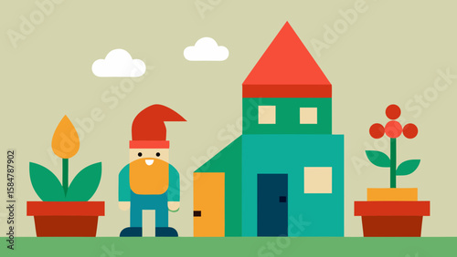 garden gnome potted plant house front cartoon yard