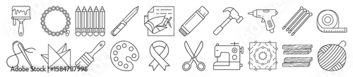 Creative Crafting Tools, Art Supplies, and DIY Essentials Outline Vector Icon Set - representing various crafting tools, art supplies, and DIY project essentials. Ideal for hobby shops