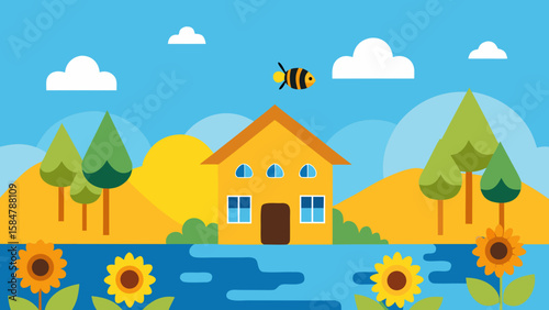 sunflower lakeside house cartoon