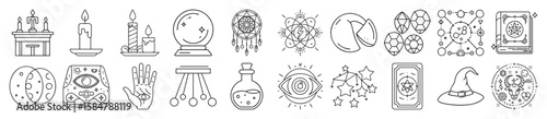 Mystical Magic, Spirituality, and Fortune-Telling Outline Vector Icon Set - representing magic, spirituality, fortune-telling, and occult concepts