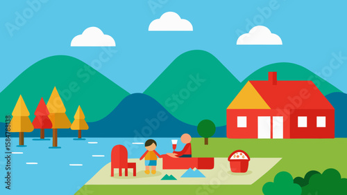 cartoon village lakeside picnic