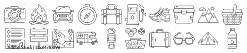 Outdoor Camping, Travel, and Adventure Essentials Outline Vector Icon Set