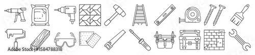 Diverse Construction, Renovation, and DIY Tools Outline Vector Icon Set