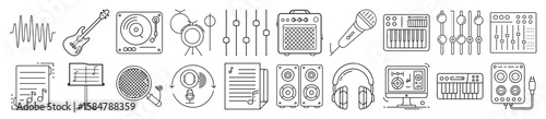 Music Production, Studio, and Audio Equipment Outline Vector Icon Set