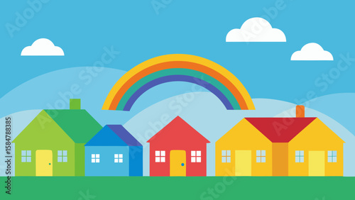 suburban cartoon houses rainbow clear sky