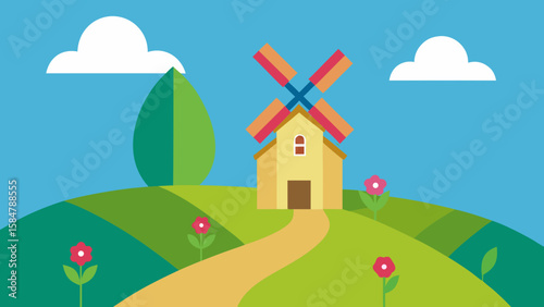 windmill hilltop home colorful flowers