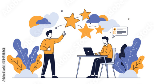 Visualizing Positive Customer Feedback and Service Excellence Through Digital Illustration with Stars and Cloud Elements