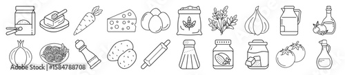 Common Food Ingredients and Cooking Staples Outline Vector Icon Set