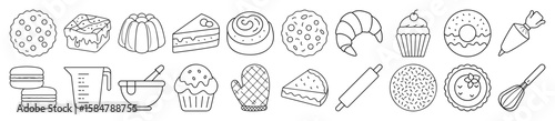 Sweet Bakery, Pastries, and Baking Tools Outline Vector Icon Set