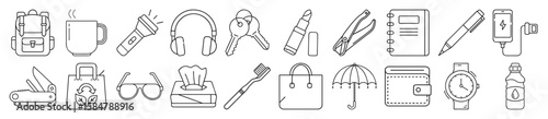 Everyday Carry Personal Items and Essential Gear Outline Vector Icon Set