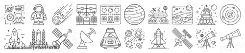 Comprehensive Space Exploration, Astronomy, and Celestial Bodies Outline Vector Icon Set - representing space exploration, astronomy, celestial bodies, and futuristic cosmic travel. Ideal for science