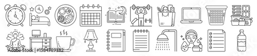 Daily Routine, Work-Life Balance, and Self-Care Outline Vector Icon Set - representing a daily routine, covering aspects of morning, work, relaxation, and self-care. Ideal for productivity apps, welln