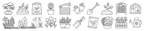 Comprehensive Gardening Tools, Plants, and Horticulture Outline Vector Icon Set - representing various gardening tools, plants, and horticultural activities