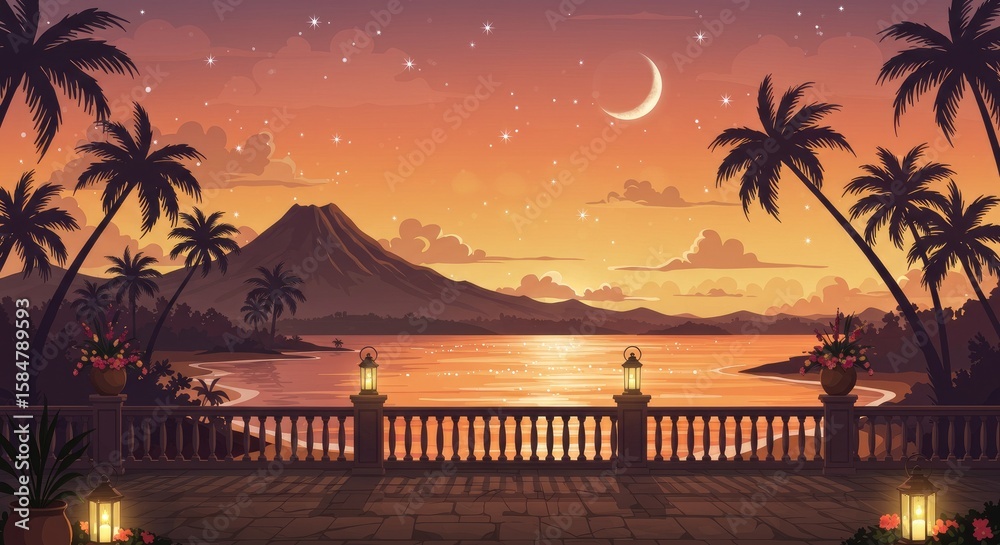 Fototapeta premium Flat vector of tropical beach at sunset with lanterns, moon flowers, sailboat, and romantic vibe.