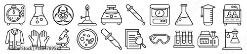 Laboratory Equipment, Chemistry, and Biology Science Outline Vector Icon Set - representing essential laboratory equipment, scientific instruments, and research tools for chemistry and biology