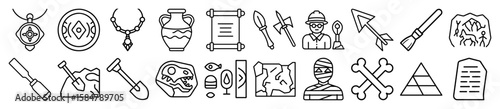 Archaeology, Ancient History, and Treasure Hunting Outline Vector Icon Set