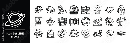 Line Art Space Icons Featuring Planets, Astronauts, and Telescopes.